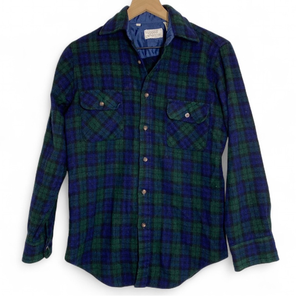 Rugged American Vintage Men’s S Blue Green Flannel Wool Long Sleeve shirt